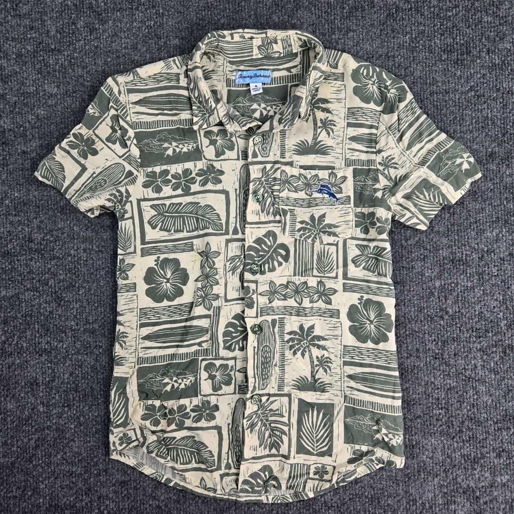 Tommy Bahama Boys Size 6 Tropical Rayon Button Down Shirt Olive Hawaiian Floral